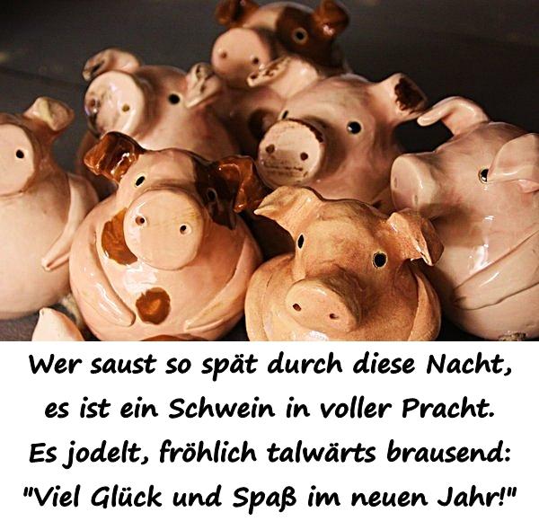 Wer saust so spät durch diese Nacht, es ist ein Schwein in voller Pracht. Es jodelt, fröhlich talwärts brausend: "Viel Glück und Spaß im neuen Jahr!"