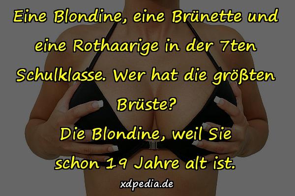 Eine Blondine, eine Brünette und eine Rothaarige in der 7ten Schulklasse. Wer hat die größten Brüste? Die Blondine, weil Sie schon 19 Jahre alt ist.