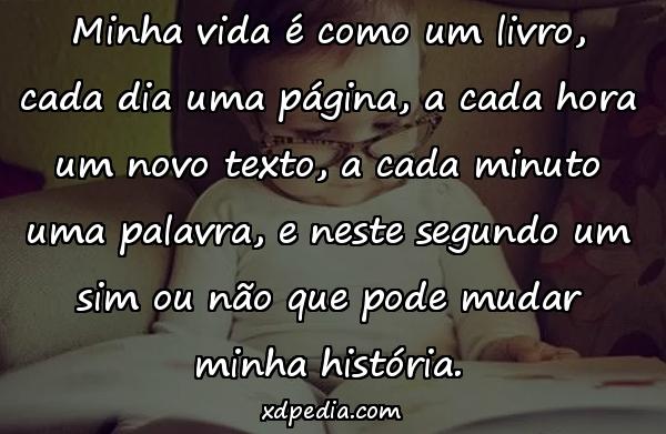 Minha vida é como um livro, cada dia uma página, a cada hora um novo texto, a cada minuto uma palavra, e neste segundo um sim ou não que pode mudar minha história.