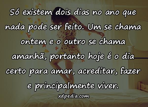 Só existem dois dias no ano que nada pode ser feito. Um se chama ontem e o outro se chama amanhã, portanto hoje é o dia certo para amar, acreditar, fazer e principalmente viver.