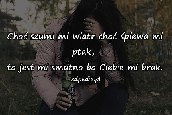 Choć szumi mi wiatr choć śpiewa mi ptak, 
to jest mi smutno bo Ciebie mi brak.