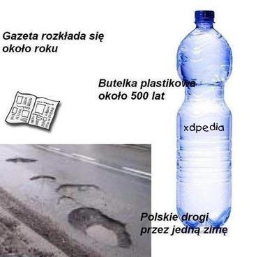 Butelka plastikowa rozkłada się około 500 lat. Gazeta rozkłada się około roku. Polskie drogi przez jedną zimę.