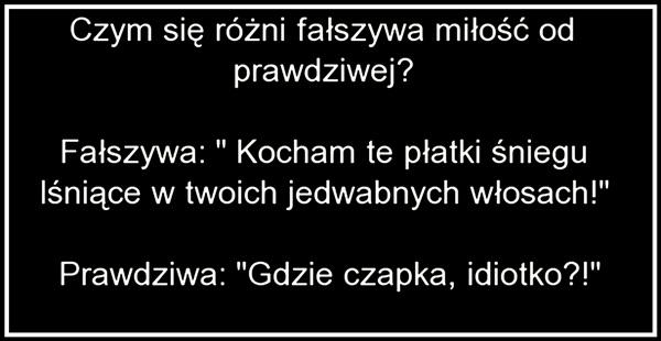 Czym się różni fałszywa miłość od prawdziwej?
Fałszywa, kocham te płatki śniegu 
lśniące w twoich jedwabnych włosach!
prawdziwa, Gdzie czapka idiotko?!