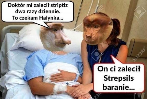 - Doktór mi zlecił striptiz dwa razy dziennie. To czekam Halynka... - On ci zlecił Strepsils baranie...