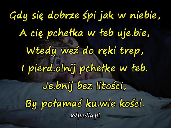 Gdy się dobrze śpi jak w niebie,
A cię pchełka w łeb uje.bie,
Wtedy weź do ręki trep,
I pierd.olnij pchełke w łeb.
Je.bnij bez litości,
By połamać ku.wie kości.