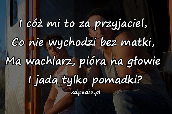 I cóż mi to za przyjaciel, 
Co nie wychodzi bez matki, 
Ma wachlarz, pióra na głowie 
I jada tylko pomadki?