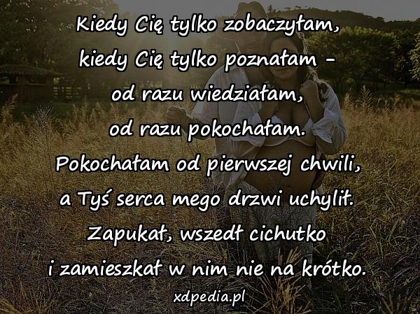 Kiedy Cię tylko zobaczyłam,
kiedy Cię tylko poznałam -
od razu wiedziałam,
od razu pokochałam.
Pokochałam od pierwszej chwili,
a Tyś serca mego drzwi uchylił.
Zapukał, wszedł cichutko
i zamieszkał w nim nie na krótko.