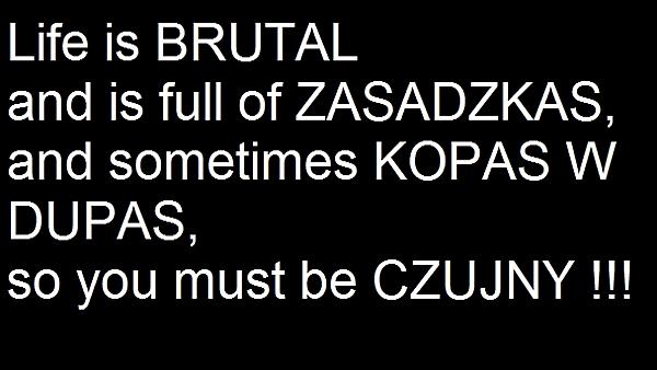 Live is brutal and full of ZASADZKAS and sometimes KOPAS W DUPAS, so you must be CZUJNY!