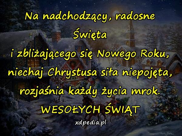 Na nadchodzący, radosne Święta
i zbliżającego się Nowego Roku,
niechaj Chrystusa siła niepojęta,
rozjaśnia każdy życia mrok.
WESOŁYCH ŚWIĄT