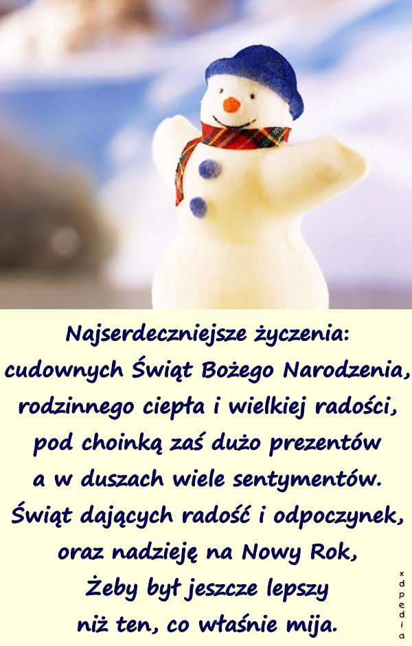 Najserdeczniejsze życzenia: cudownych Świąt Bożego Narodzenia, rodzinnego ciepła i wielkiej radości, pod choinką zaś dużo prezentów a w duszach wiele sentymentów. Świąt dających radość i odpoczynek, oraz nadzieję na Nowy Rok, Żeby był jeszcze lepszy niż ten, co właśnie mija.