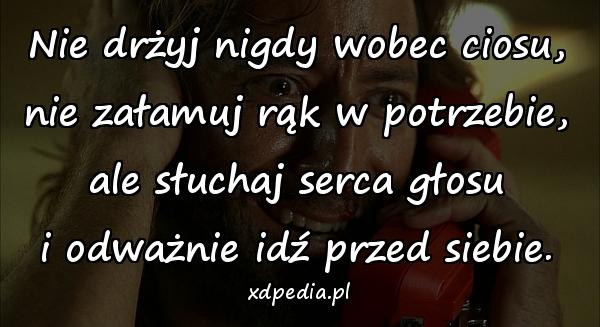 Nie drżyj nigdy wobec ciosu,
nie załamuj rąk w potrzebie,
ale słuchaj serca głosu
i odważnie idź przed siebie.