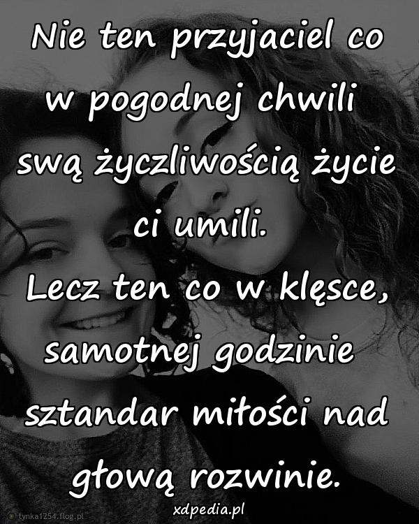 Nie ten przyjaciel co w pogodnej chwili 
swą życzliwością życie ci umili. 
Lecz ten co w klęsce, samotnej godzinie 
sztandar miłości nad głową rozwinie.