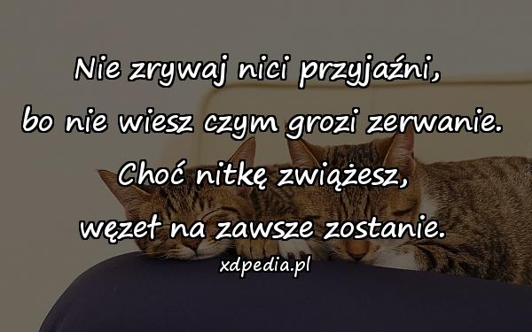 Nie zrywaj nici przyjaźni, \nbo nie wiesz czym grozi zerwanie.\n Choć nitkę zwiążesz, \nwęzeł na zawsze zostanie.