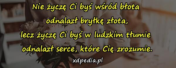 Nie życzę Ci byś wśród błota 
odnalazł bryłkę złota,
lecz życzę Ci byś w ludzkim tłumie 
odnalazł serce, które Cię zrozumie.