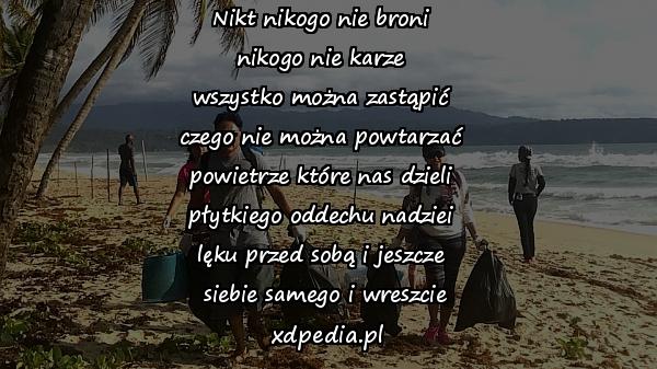 Nikt nikogo nie broni 
nikogo nie karze 
wszystko można zastąpić 
czego nie można powtarzać 
powietrze które nas dzieli 
płytkiego oddechu nadziei 
lęku przed sobą i jeszcze 
siebie samego i wreszcie