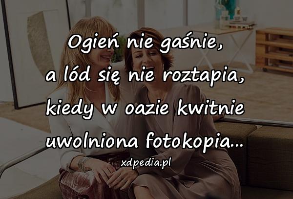 Ogień nie gaśnie,
a lód się nie roztapia,
kiedy w oazie kwitnie
uwolniona fotokopia...