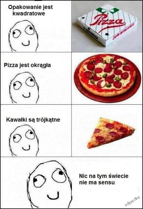 Opakowanie pizzy jest kwadratowe. Sama pizza jest okrągła. Kawałki pizzy są trójkątne. Nic na tym świecie nie ma sensu.