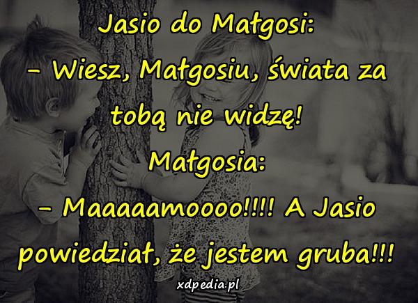 Jasio do Małgosi: - Wiesz, Małgosiu, świata za tobą nie widzę! Małgosia: - Maaaaamoooo!!!! A Jasio powiedział, że jestem gruba!!!