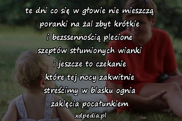 te dni co się w głowie nie mieszczą
poranki na żal zbyt krótkie
i bezssennością plecione
szeptów stłumionych wianki
i jeszcze to czekanie
które tej nocy zakwitnie
streścimy w blasku ognia
zaklęcia pocałunkiem