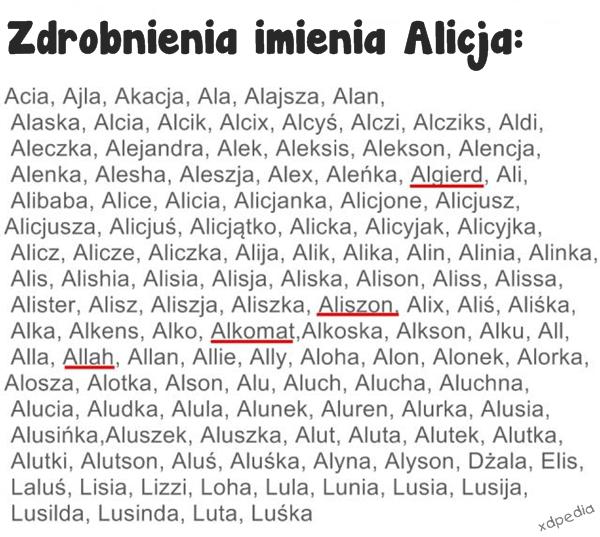 Zdrobnienia imienia Alicja: Aliszon, Alkomat, Allah