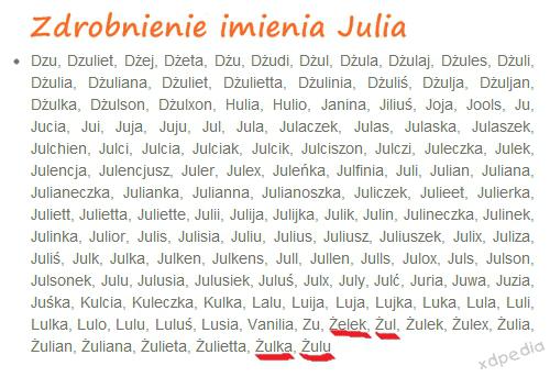 Zdrobnienie imienia Julia: Żulek, Żuli, Żulka, Żulu