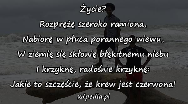 Życie?
Rozprężę szeroko ramiona,
Nabiorę w płuca porannego wiewu,
W ziemię się skłonię błękitnemu niebu
I krzyknę, radośnie krzyknę:
Jakie to szczęście, że krew jest czerwona!